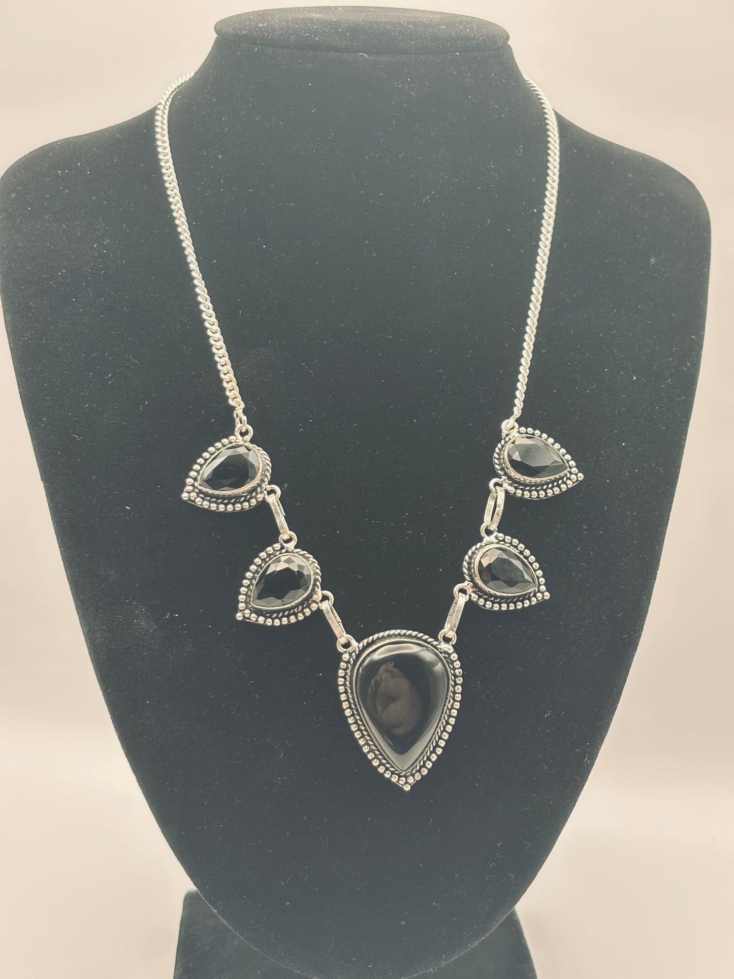 925 Silver Hallmarked Black Onyx Necklace and matching Earrings