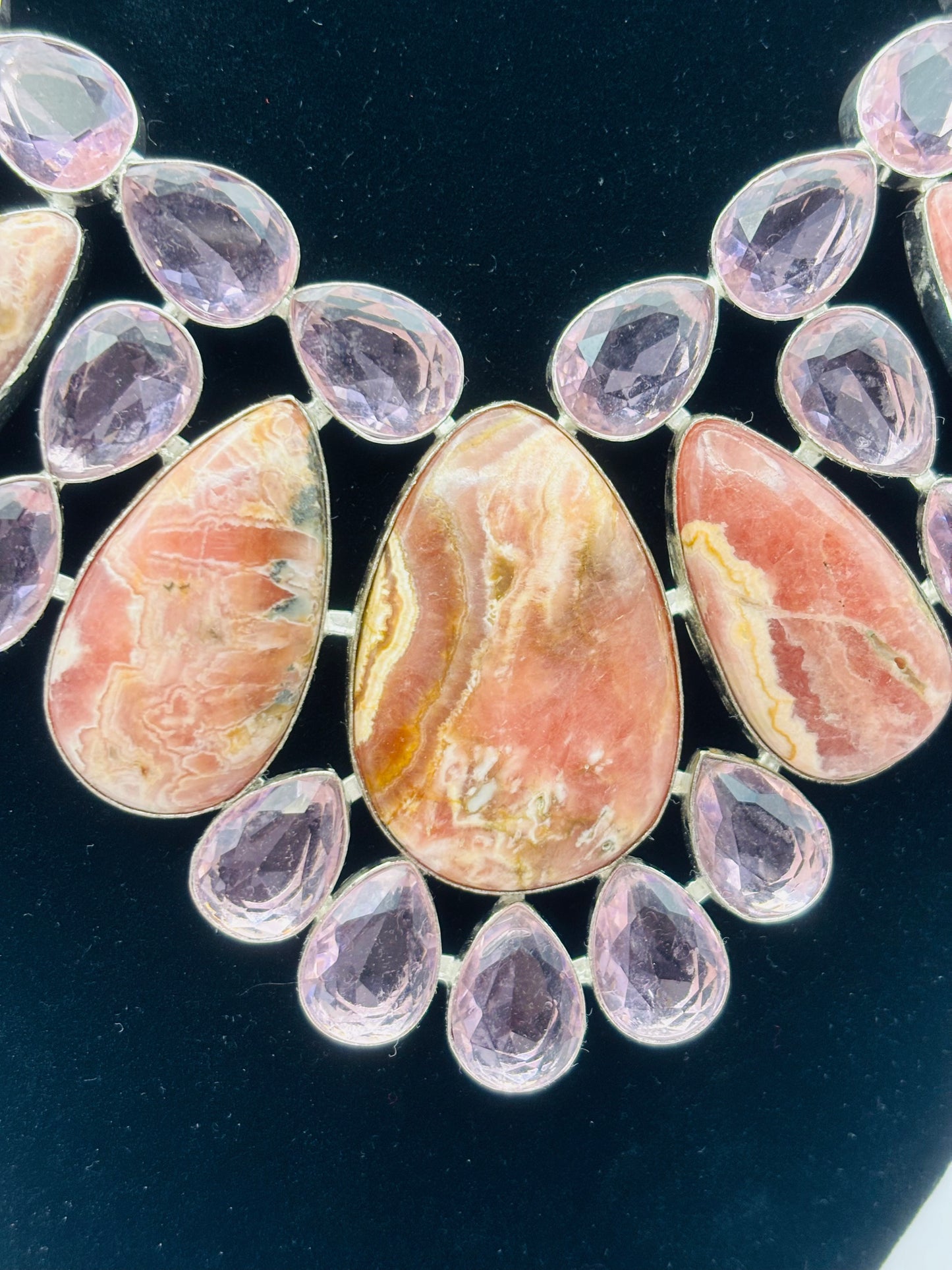 925 Hallmarked Rhodochrosite and Lab - mad Kunzite Necklace