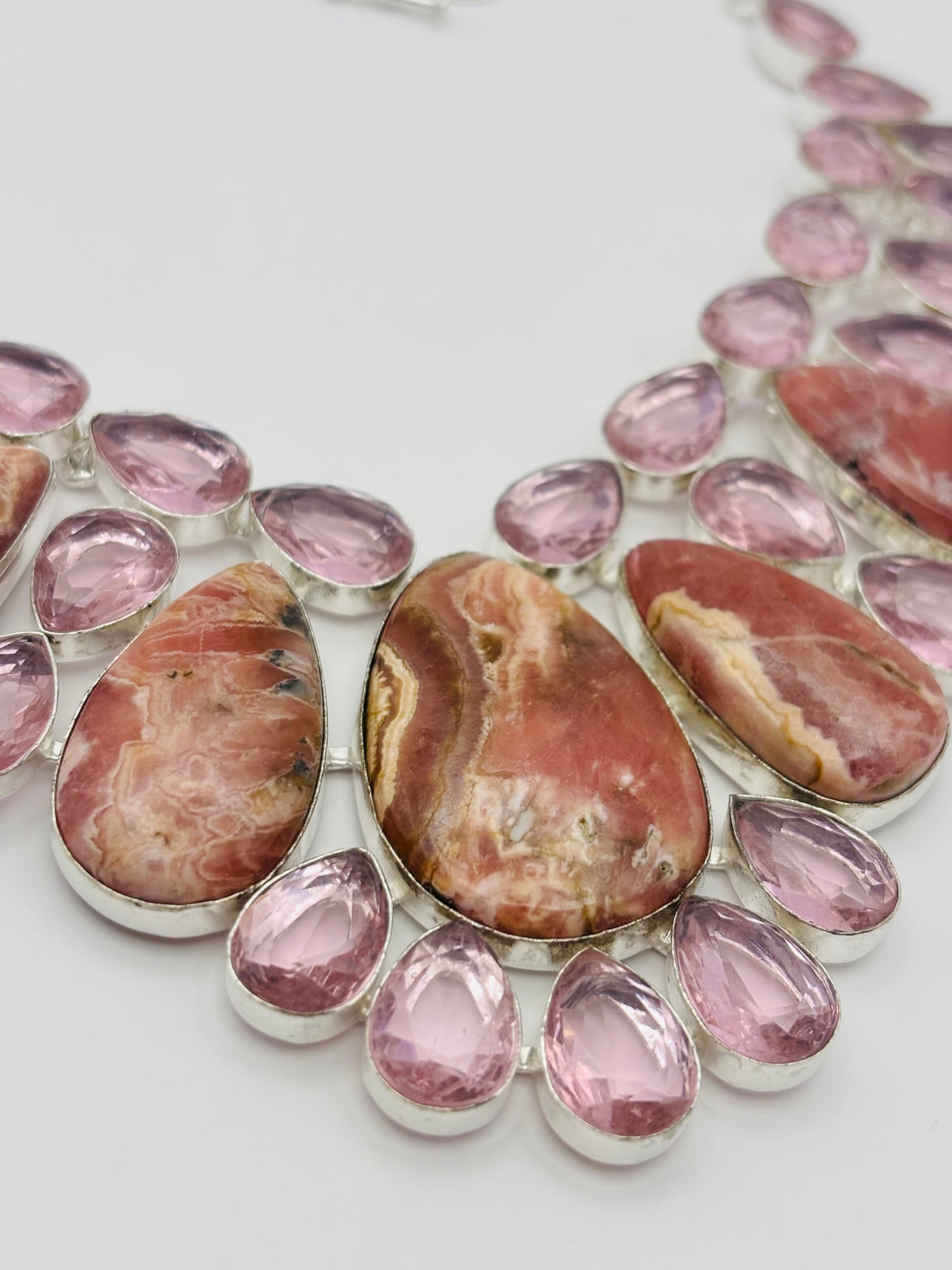 925 Hallmarked Rhodochrosite and Lab - mad Kunzite Necklace