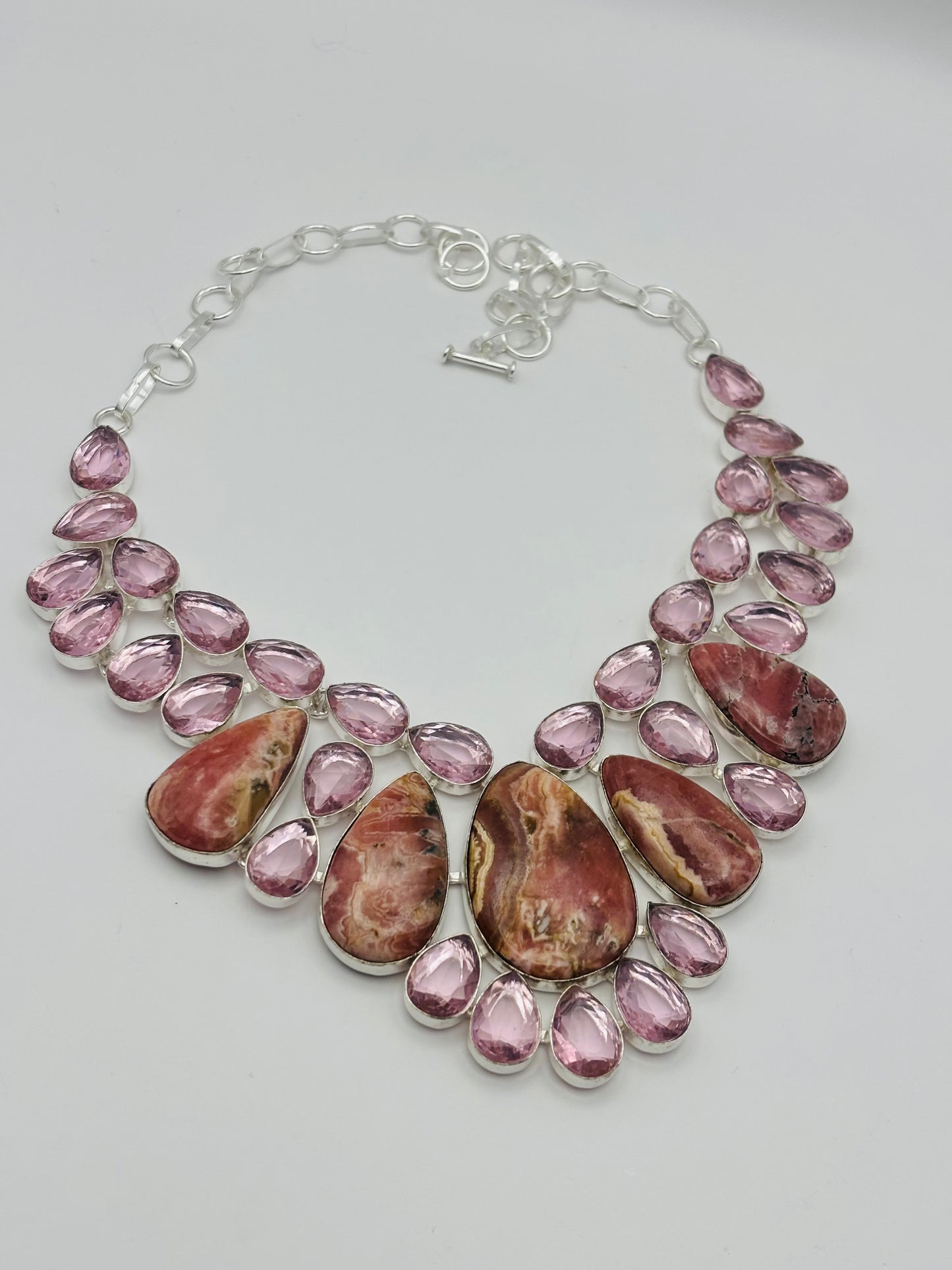 925 Hallmarked Rhodochrosite and Lab - mad Kunzite Necklace