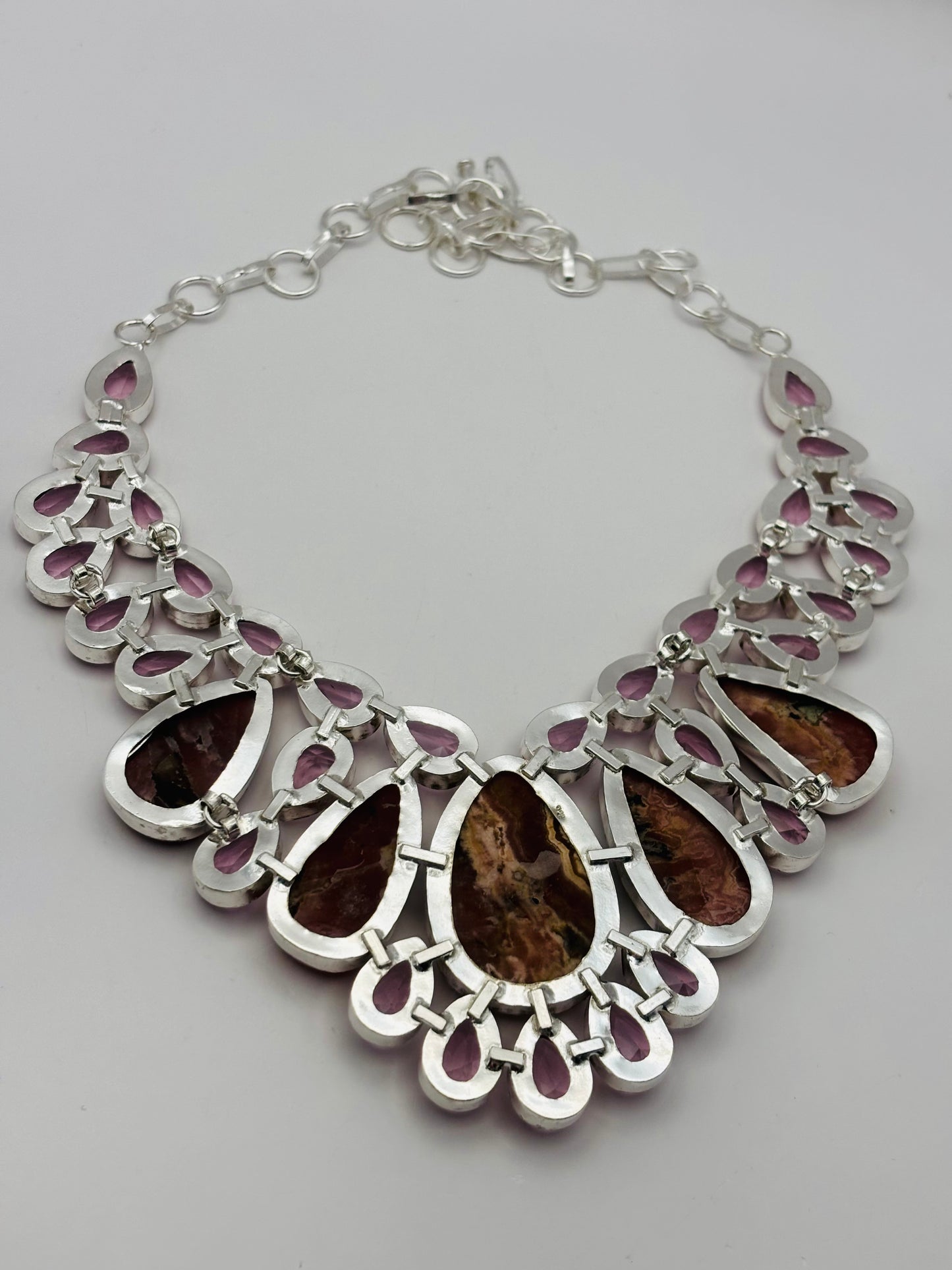 925 Hallmarked Rhodochrosite and Lab - mad Kunzite Necklace