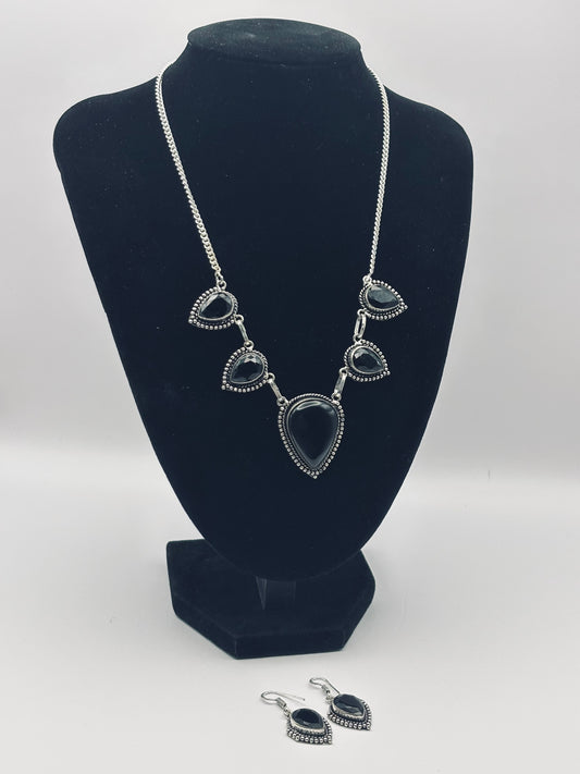 925 Silver Hallmarked Black Onyx Necklace and matching Earrings