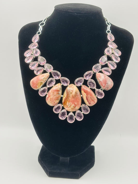 925 Hallmarked Rhodochrosite and Lab - mad Kunzite Necklace